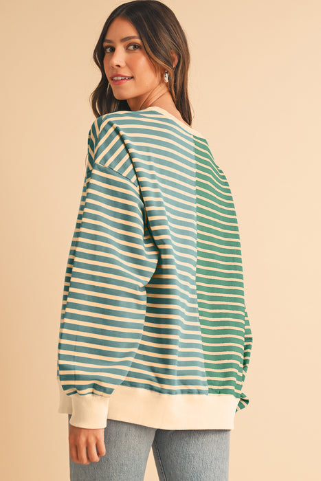 Sky Blue Stripe Colorblock Drop Shoulder Oversize Sweatshirt