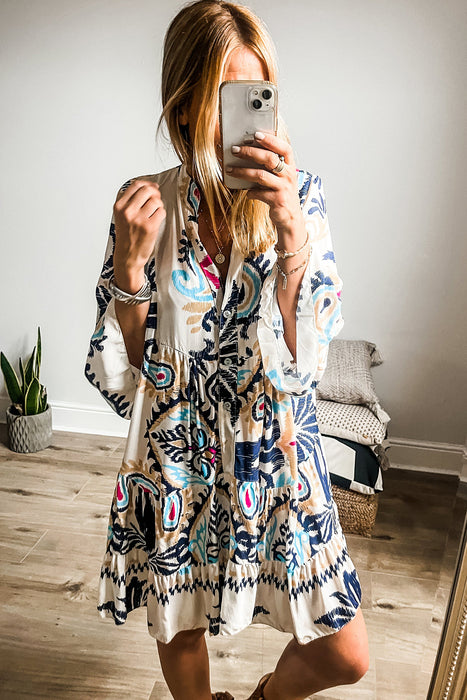 White Ethnic Print Boho Button Tiered Mini Dress