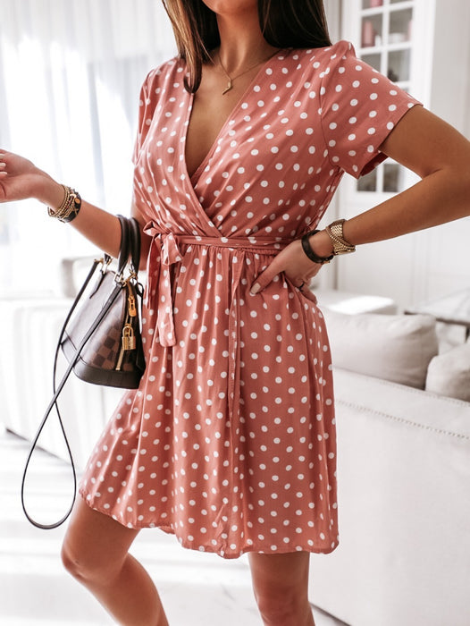 Printed Polka Dot Short Sleeve Short Dress